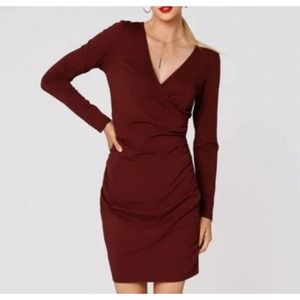 Ann Taylor LOFT Faux Wrap Dress Maroon Red Petite M NWOT stretch long sleeve
